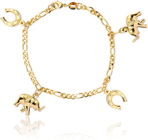 Introducing the "Girls and Women Horseshoes Elephant Charm Bracelet for Good Luck Wisdom," a 14k gold fill bracelet adorned with a harmonious arrangement of alternating elephant and horseshoe charms. These symbolic charms, representing good luck, are evenly spaced along the chain, offering a balanced and ornamental design.